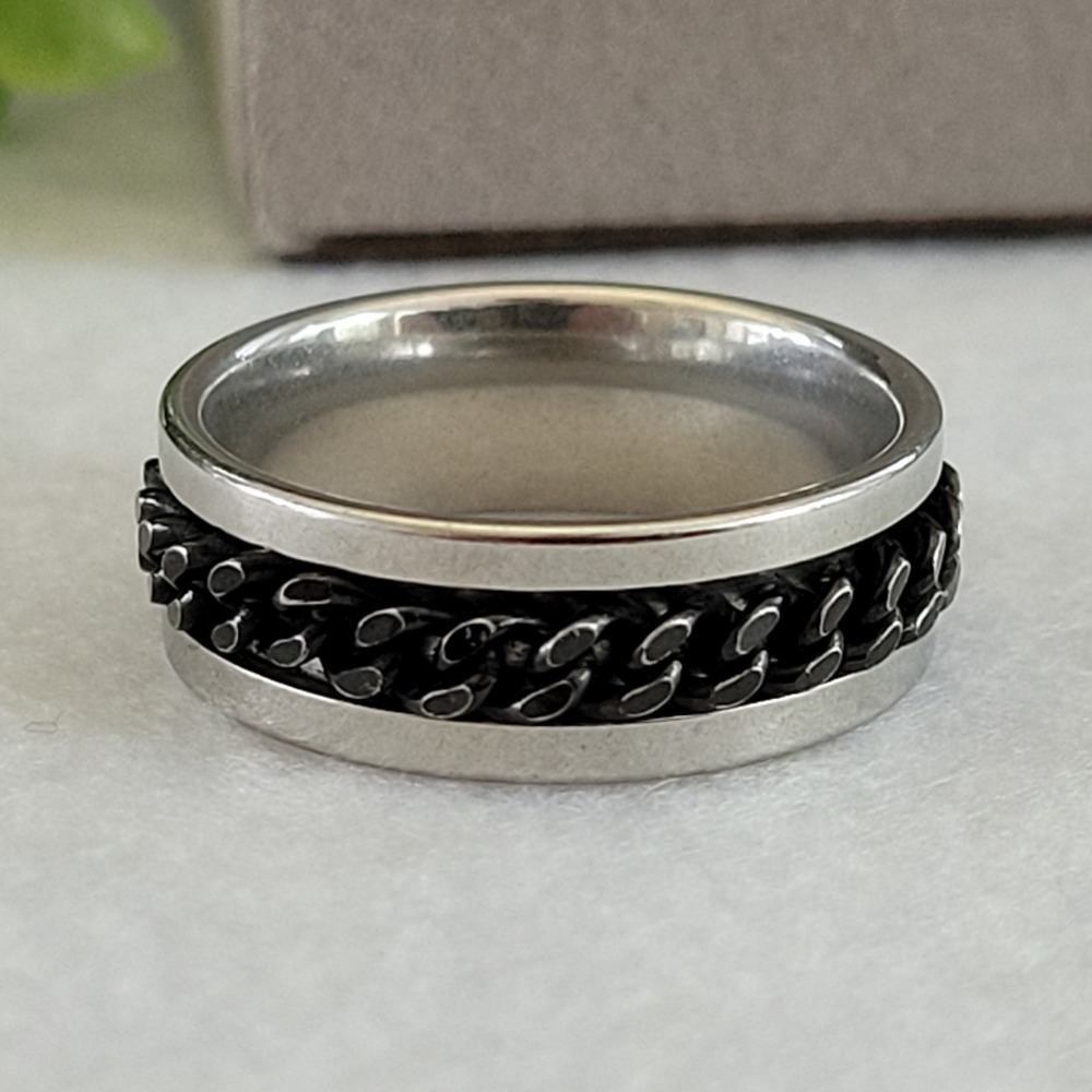 Men's Silver Tone Black Chain Inlay Spinner Band Ring Size 10.5 Industrial